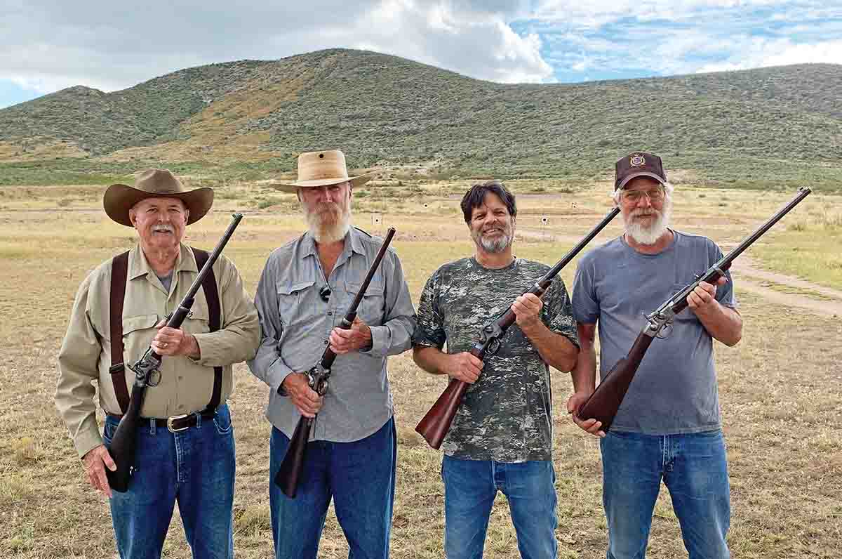 Members of the Montezuma Muzzleloading Club of Arizona and fans of the Smith carbine. From left to right are Bill Mapoles, John Shaw, Steve Balentine and Michael Murray. The club hosts matches for breechloading single shots, muzzleloaders, and lever-action silhouette.
